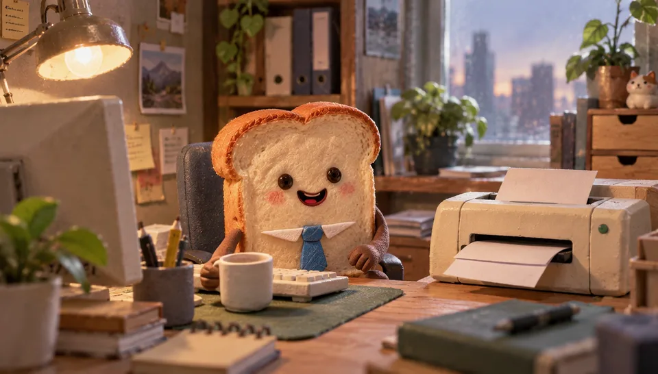 A smiling toast character at a desk in a short AI video